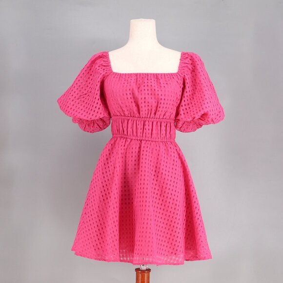 NWT SINCERELY OURS Eyelet Bubble Sleeve Mini Dress Fuchsia Hot Pink Size XS - Picture 1 of 9